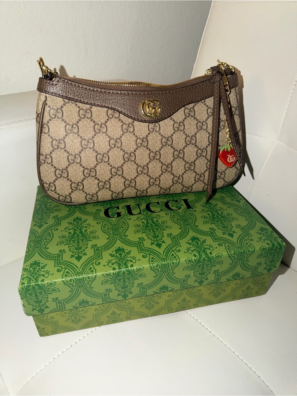 Gucci Beige GG Canvas Mini Shoulder Bag with Brown Trim and Red-Green Web Strap - Picture 2 of 8